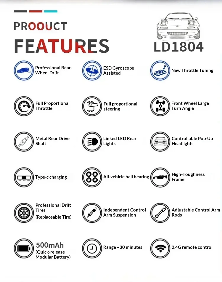 LDRC Upgraded LD1804 1:18 MX-5 RWD RC Drift Car Gyro Stabilization LED Headlight Funny Tongue 2.4G Remote Control Toy Car Gift