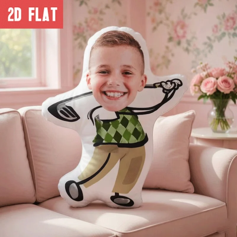 Personalized photo customization: Customized cartoon character shaped face pillow for happy golf, fun cartoon style adjustable p