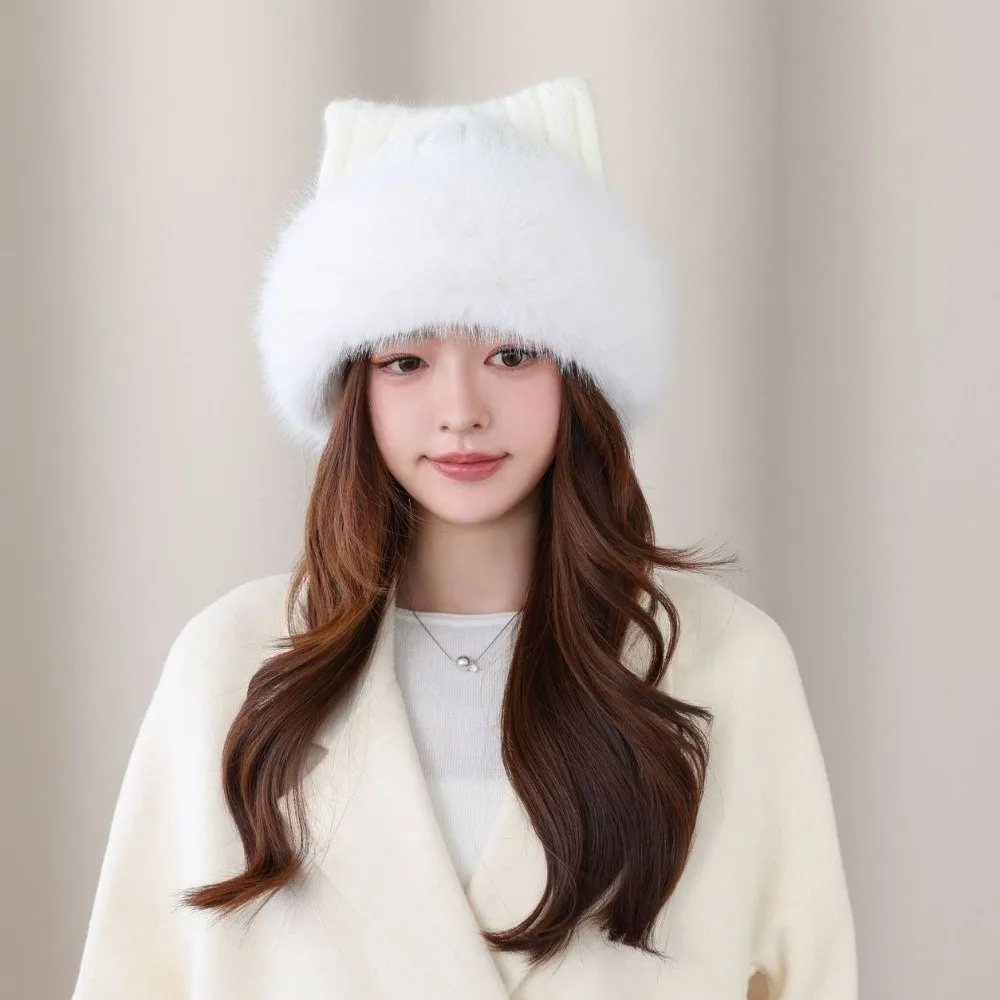 Polyester Fuzzy Knitted Bucket Hat 56cm To 60cm Head Circumference Faux Fur Brim Cat Ear Bucket Beanie Earflap