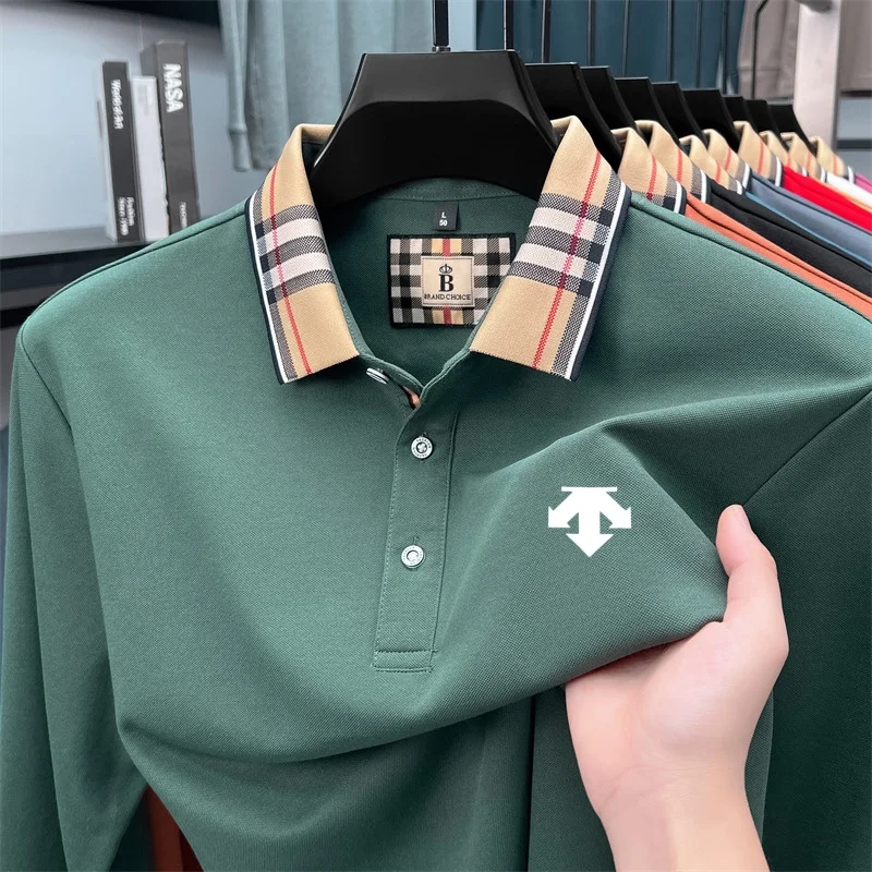 Men's Autumn New Fashion Printed Polo Shirt Cotton Content Solid Color Long Sleeved T-Shirt Business Versatile Daily Men's Wear