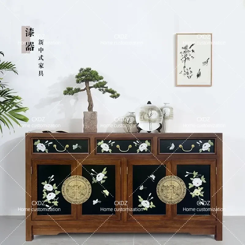 Style Lacquer Flower Elm Wood Inlaid Jade StorageXuan Cabinet Shoe Cabinet Side Cabinet Decorative