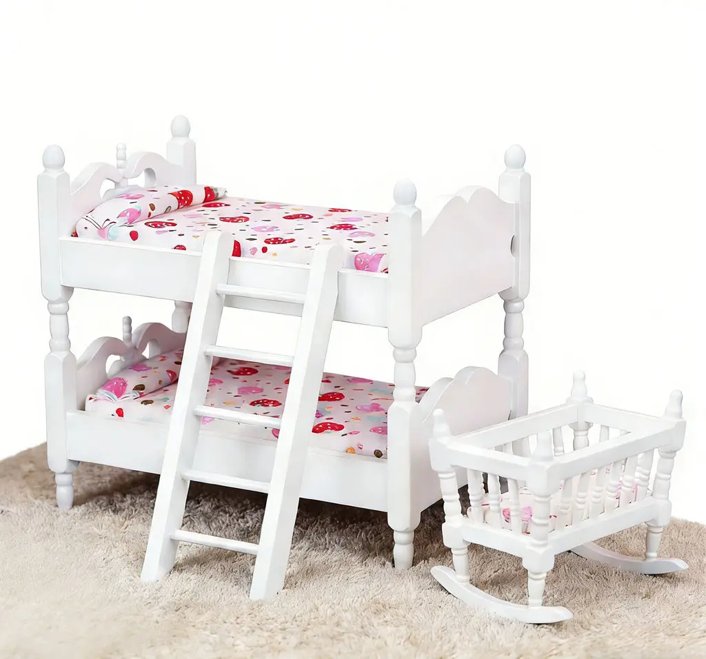 

12 Scale Dollhouse Miniature Kids' Room Set with White Wooden Baby Cradle And Strawberry Bunk Bed Realistic Micro Scene Decor