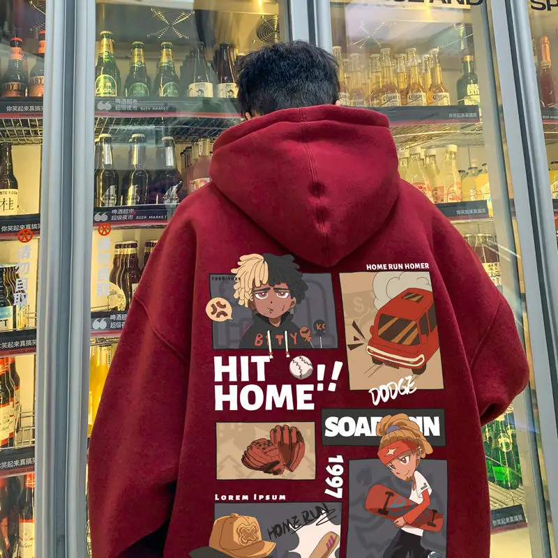 

American Casual Heavy Hooded Sweater Autumn Tide Brand Joker Loose Wine Red Oversize Coat for Men and Women
