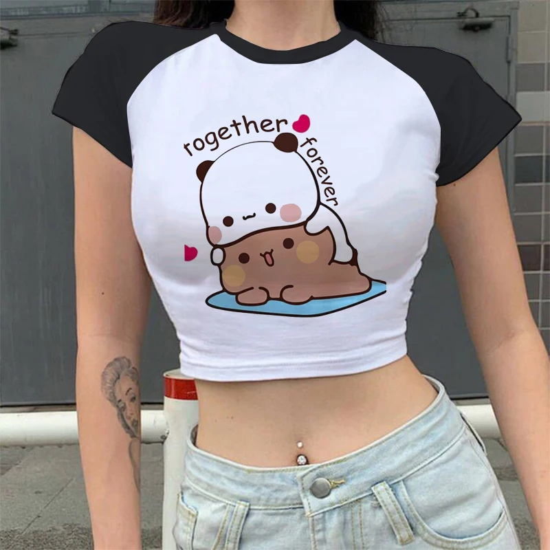 Cartoon Panda Bear Bubu e Dudu T Shirt donna Top Kawaii stampato Harajuku Ullzang Tees o-collo Anime femminile Crop Top estate