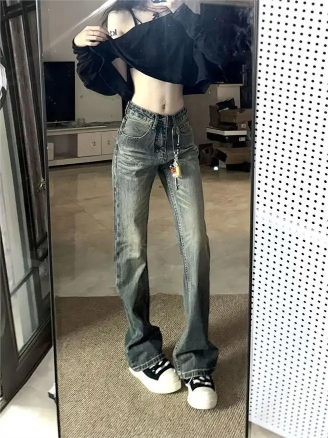 레트로 아메리칸 스트레이트 레그 데님 진 여성용 가을 겨울 하이 스트리트 루즈 슬림 와이드 레그 팬츠 스탠드 핏 미드 스트레치