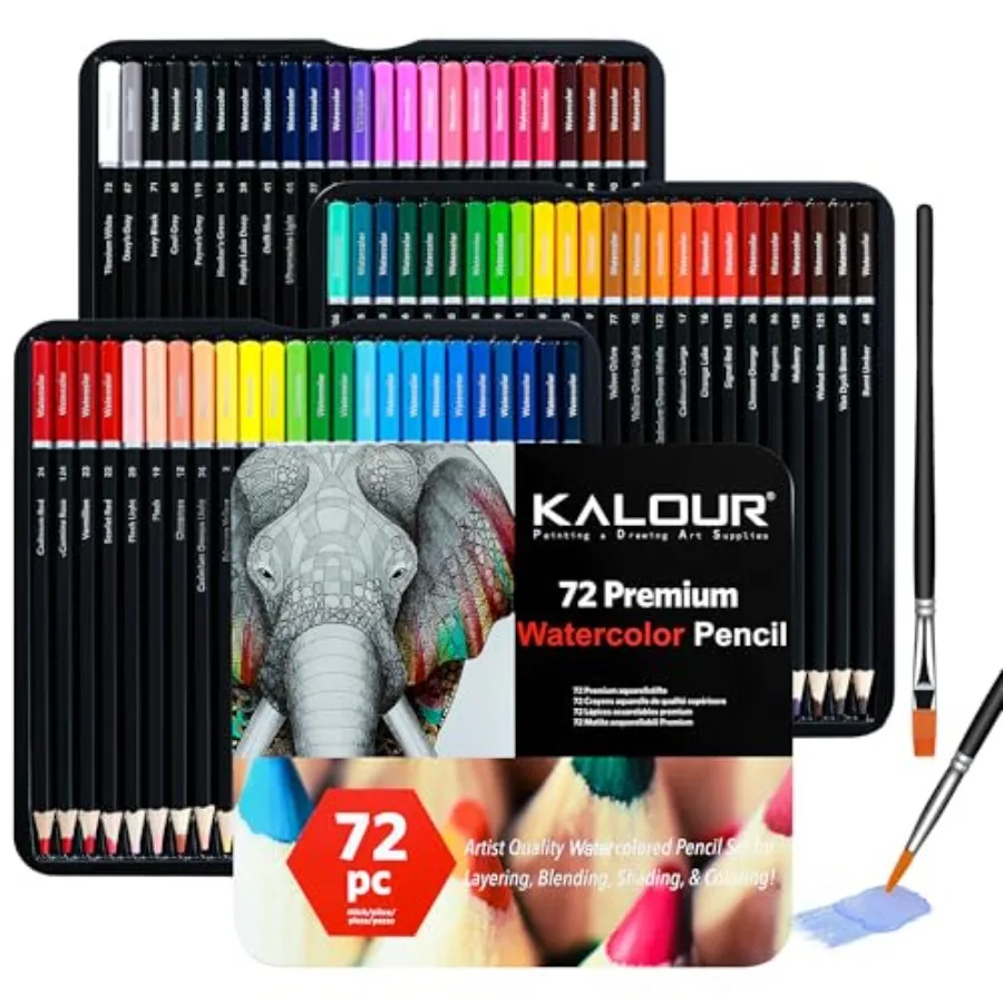 Professional Watercolor Pencils with 2 Brush - 72 Colors - Beautiful Blending Effects with Wet or Dry - Ideal for Coloring Book