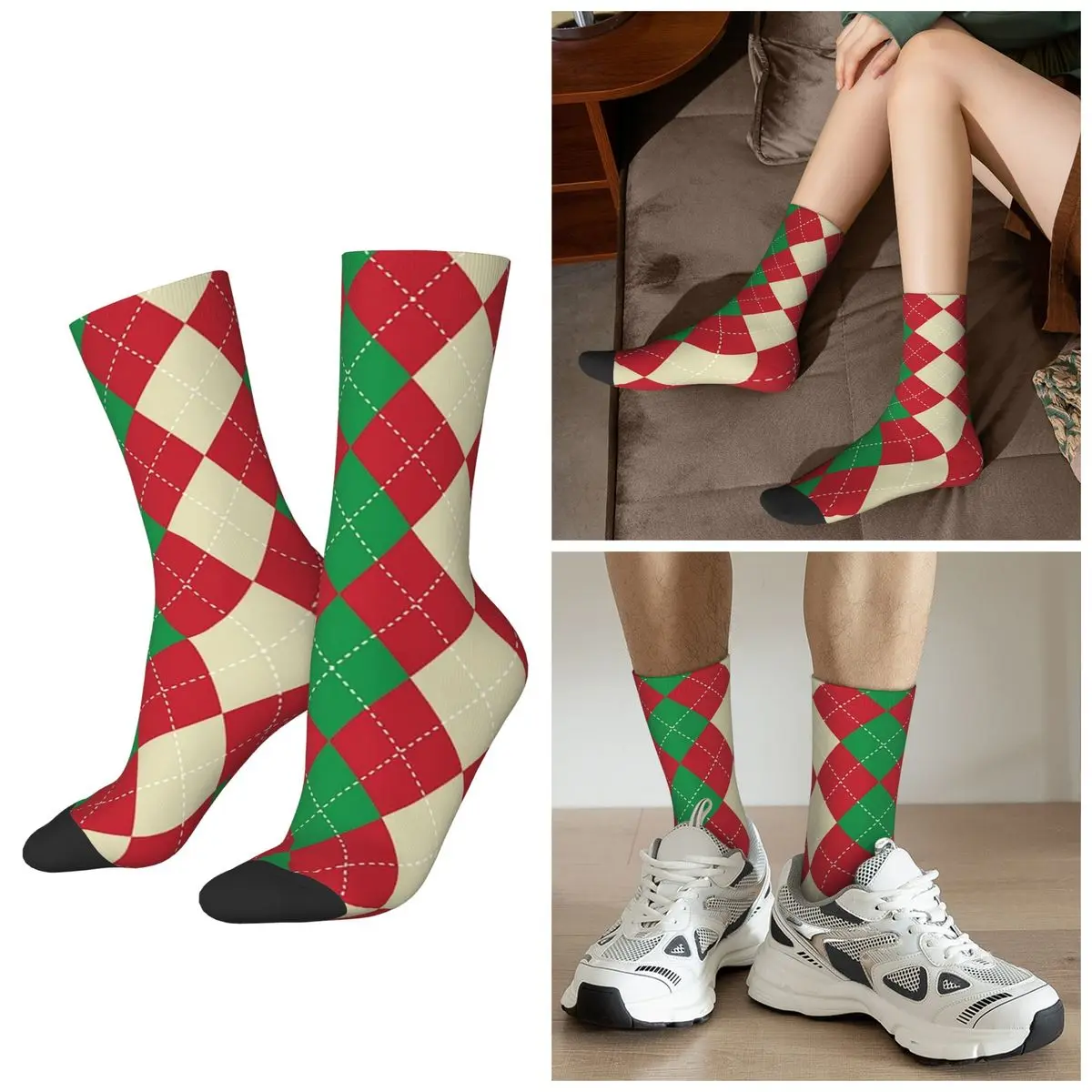 

All Seasons Christmas Red Green Argyle Diamond Socks Harajuku Sport Middle Tube Socks Funny Stockings for Men Women