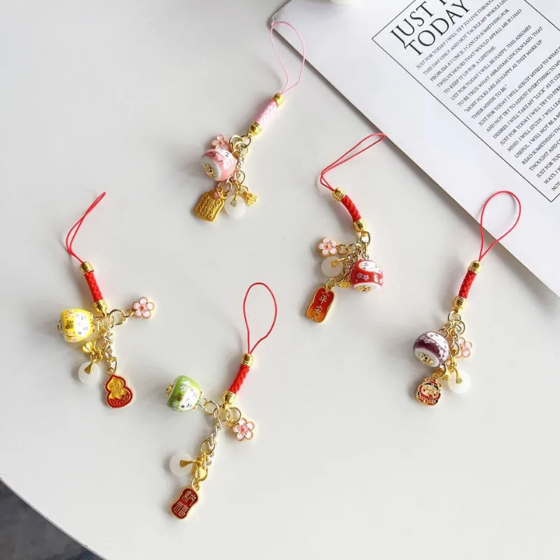1PC Ancient Style Lotus Seed Persimmon Pendant Lucky Cat Omamori Phone Strap Blessing Gift Unique Animal Miniature Hanging Decor
