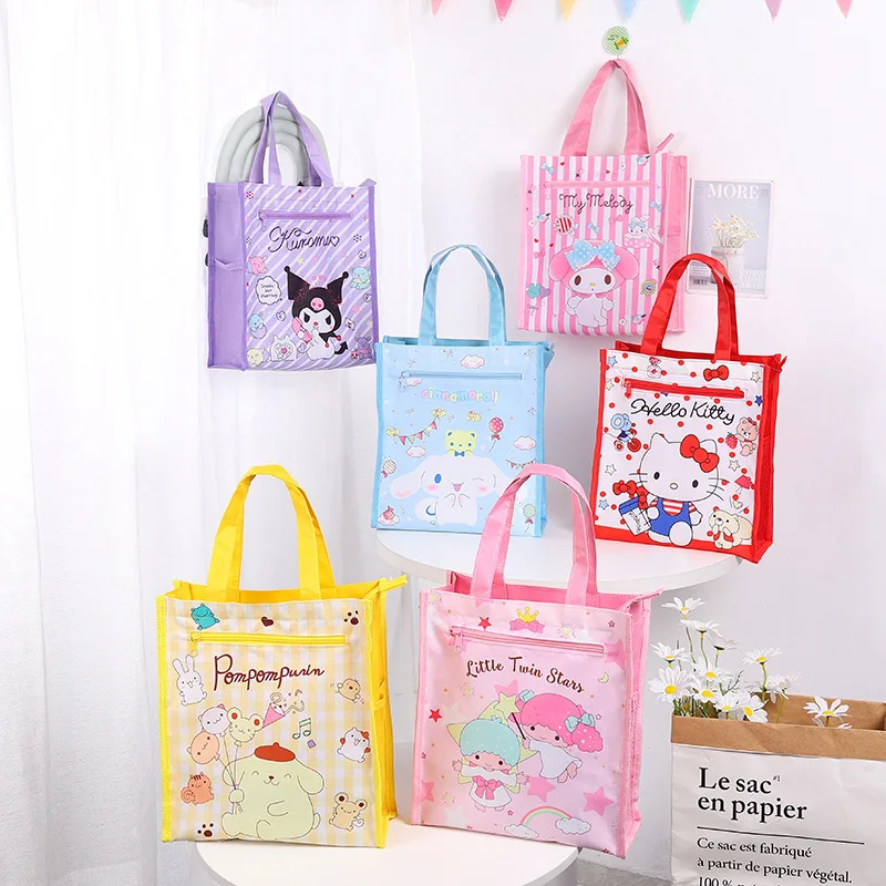 Sanrio Cinnamoroll Kuromi Mymelody kawaii Cartoon Tutoring Bag waterproof double-layer zipper A4 Handbag Stationery Storage