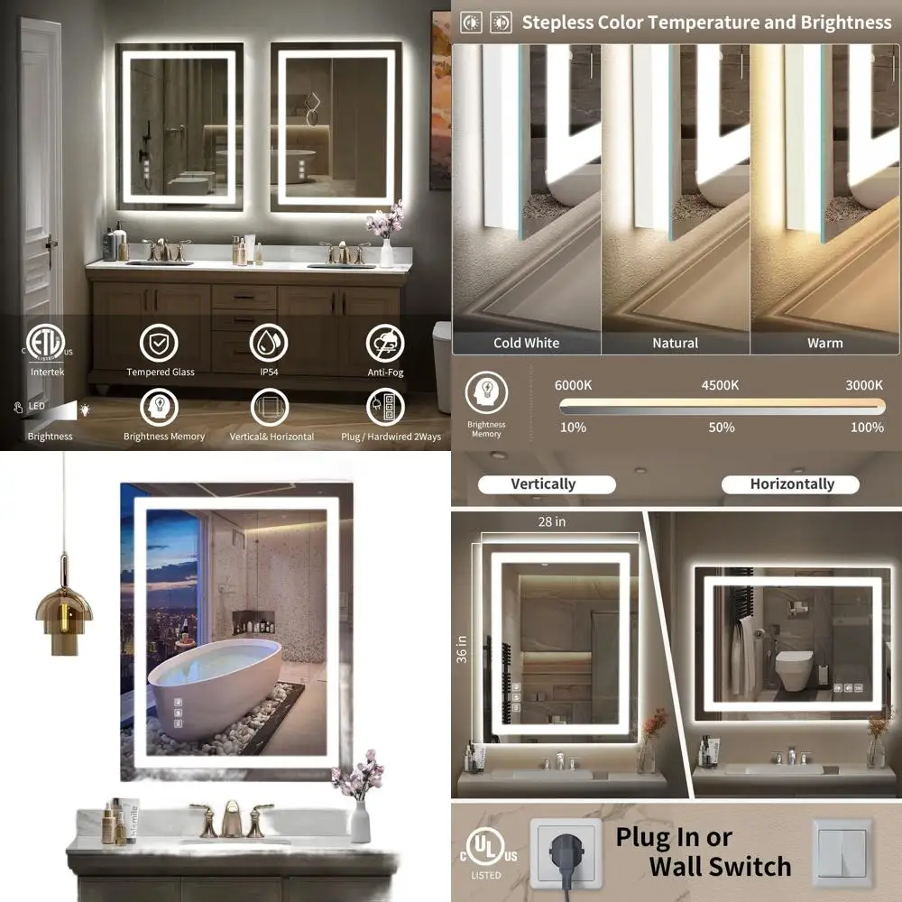

Косметическое зеркало со светодиодной подсветкой и передней подсветкой 28x36 дюймов, 3 варианта цвета, небьющаяся, противотуманная, яркость памяти