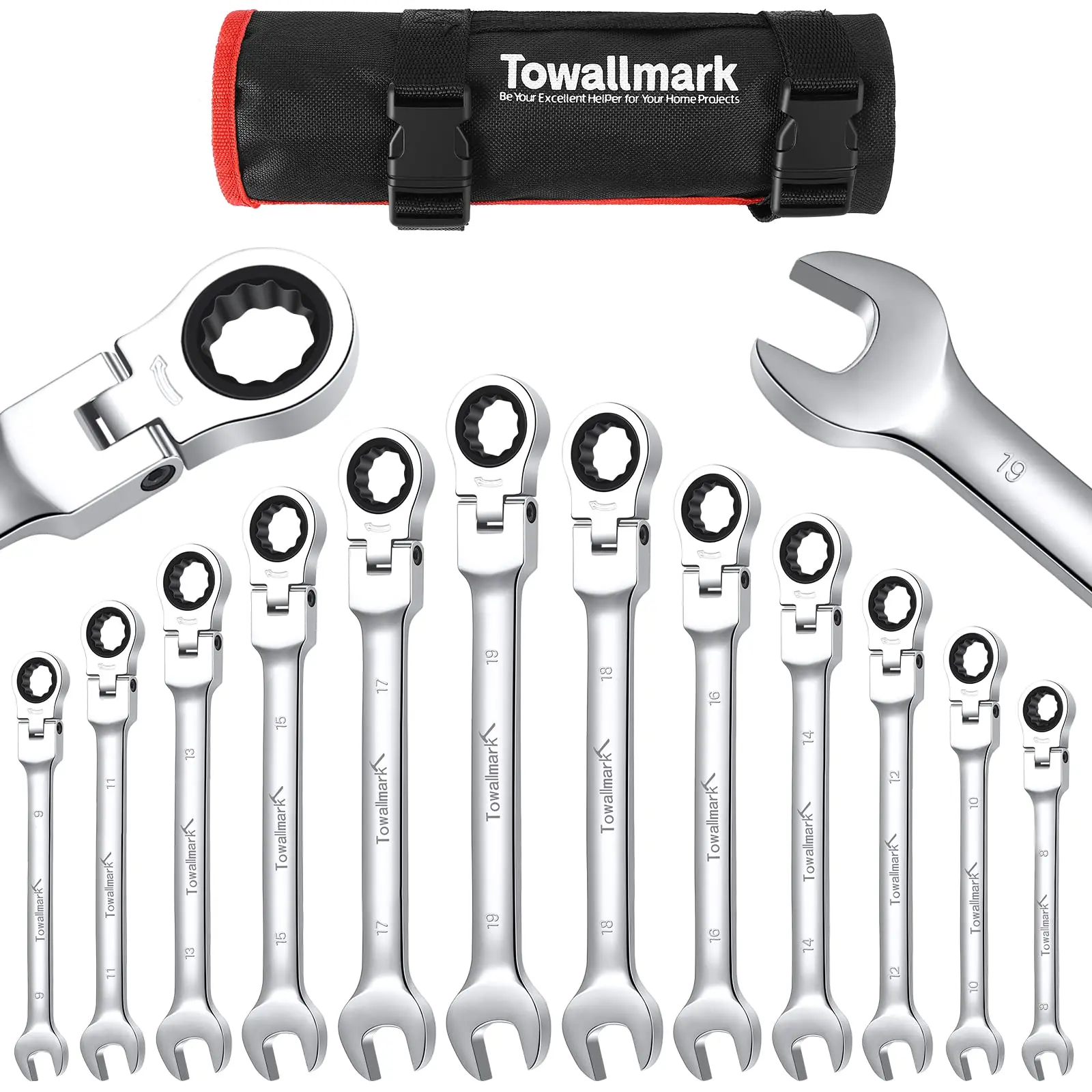 12-Piece Flex-Head Wrench Set, Ratcheting Combination Set, Metric 9-18mm, 72-Teeth,Cr-V, Storage Bag for truck/garage projects