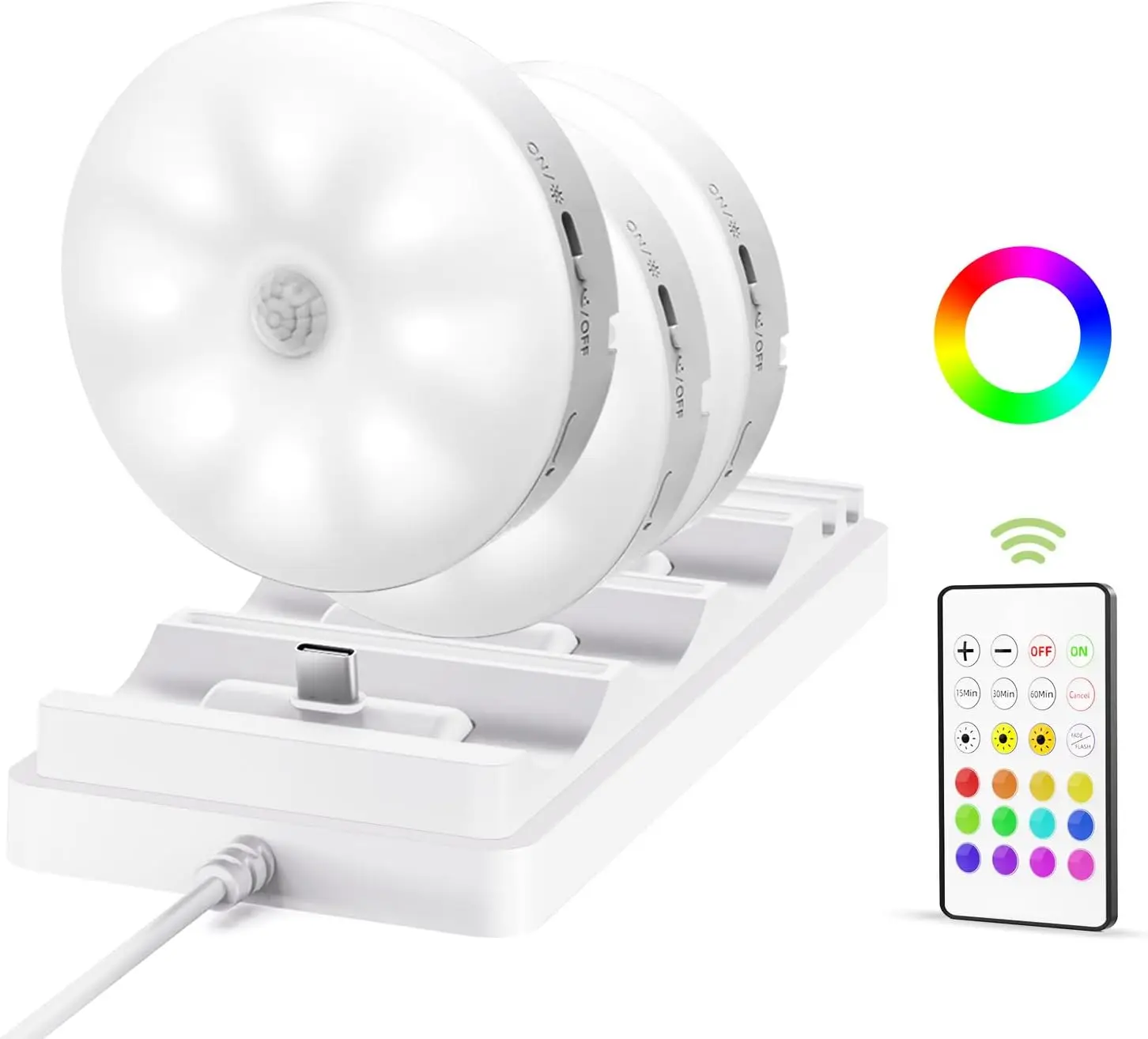 

Under Cabinet Lighting with Charging Station,1000mAh Rechargeable Puck Lights with Remote, 3 Color Temps & RGB Closet Lights