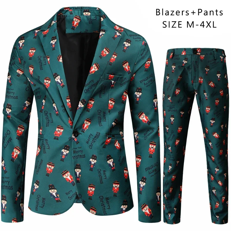 Christmas 2 Piece Set Funny Xmas Cartoon Print Men Suit Jacket and Trousers Fashion New Year Party Dress Up Wear Large Size 4XL