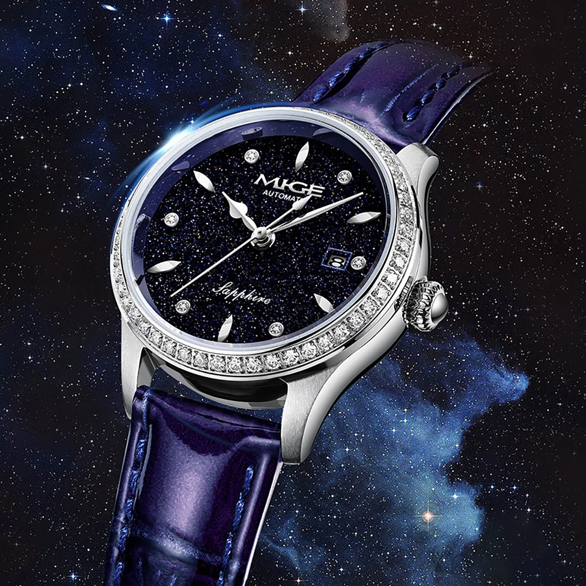 MIGE Original Automatic Mechanical Women Wristwatches Genuine Leather Strap Waterproof Calendar Fashion Watch For Women Sapphire