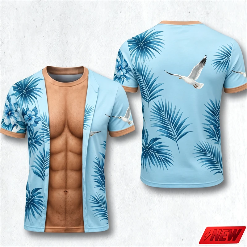 Men Funny Fake Muscle Abs T Shirt 3D Print Tropical Palm Leaf Floral Short Sleeve Tee Summer Vacation Party Novelty Casual Top