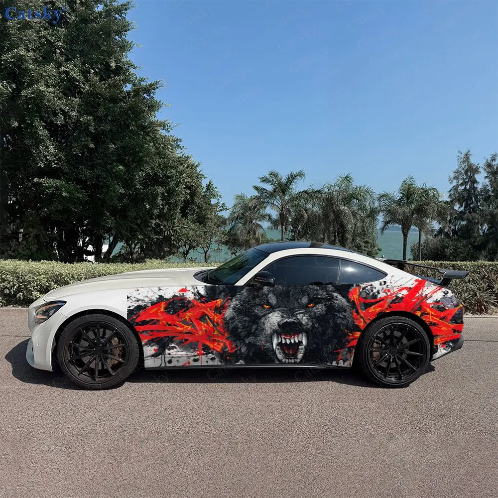 2pcs Red Ink Splattering Roaring Wolf Car Side Wraps, Self-Adhesive PVC Waterproof & Scratch-Resistant Stickers, Car Accessory