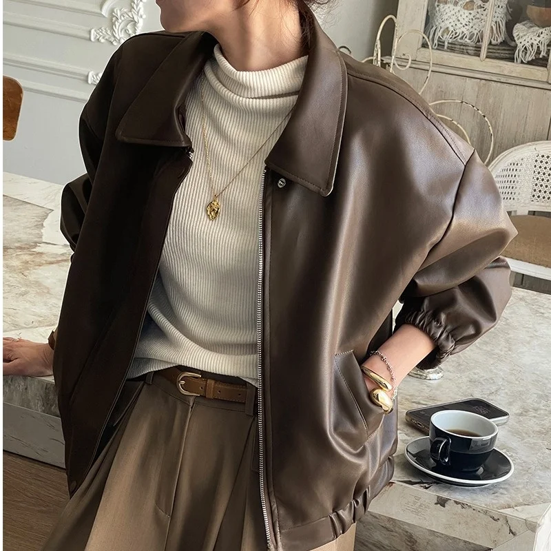 

Affordable Korean Style Pure Color Women's Jacket Square Collar Biker Coat Warm Short Length PU Leather Synthesis Fiber Coat