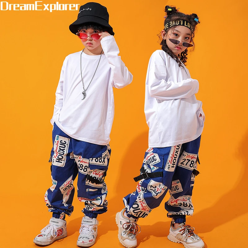 Conjunto infantil de calças Hip Hop Top e Cargo, moletom, Graffiti, corredores, roupas, Street Dance Wear, traje de jazz, streetwear, meninos,