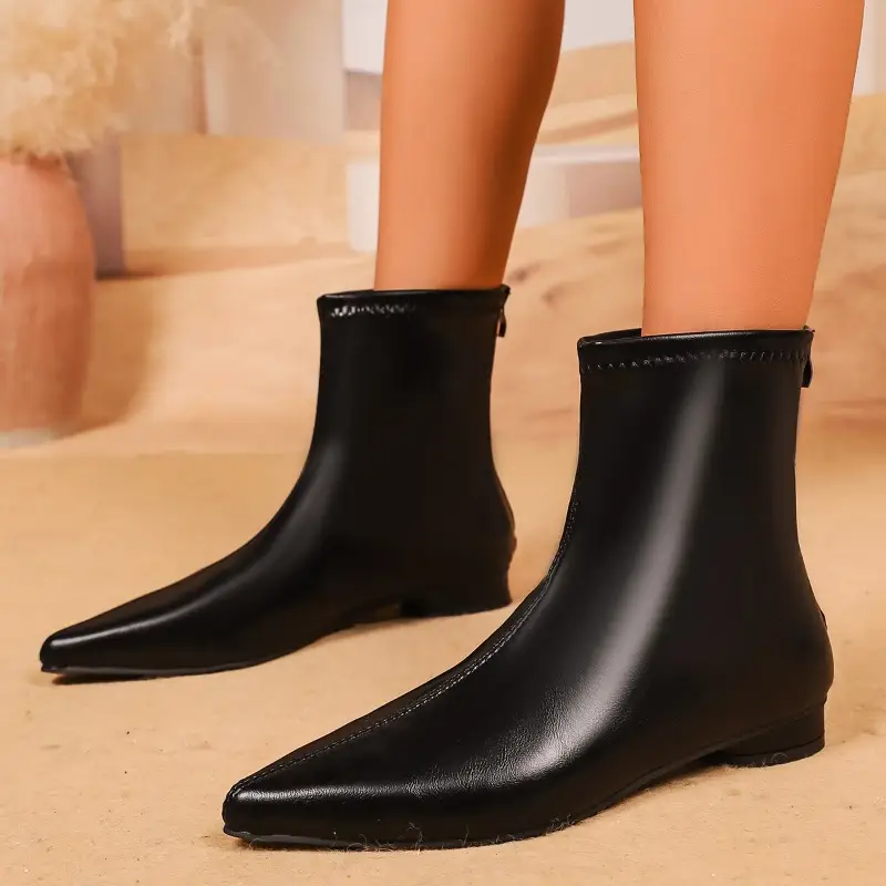 2025 New Women's Short Boots Fashion Pointed Toe Ankle Boots Women Zippers Flat Shoes High Quality Leather Ladies Chelsea Boots - Image 3