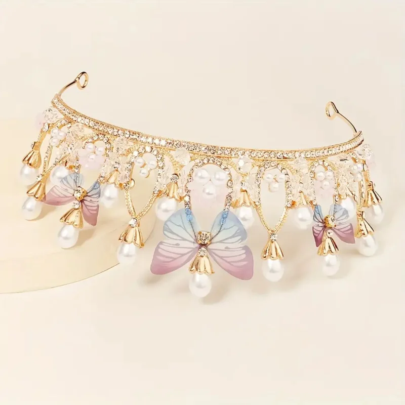 1 قطعة تاج نمط الجنية فراشة زخرفة حجر الراين تيارا الزفاف الزفاف حفلة موسيقية عيد ميلاد التيجان للاستخدام اليومي