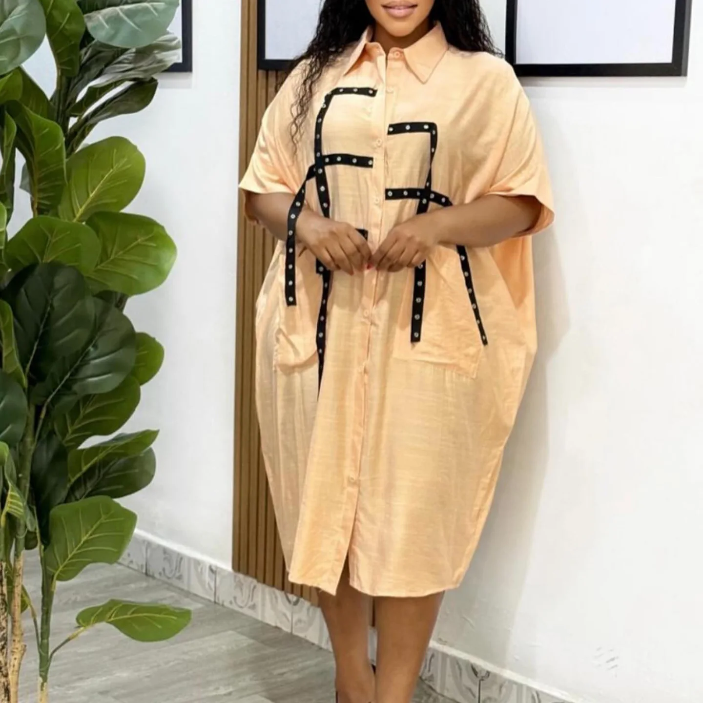 Vestido camisero suelto, solapa de moda, un solo pecho, media manga, bolsillo grande empalmado ​ ​ Vestidos midi Mujer Camisa elegante para ir al trabajo