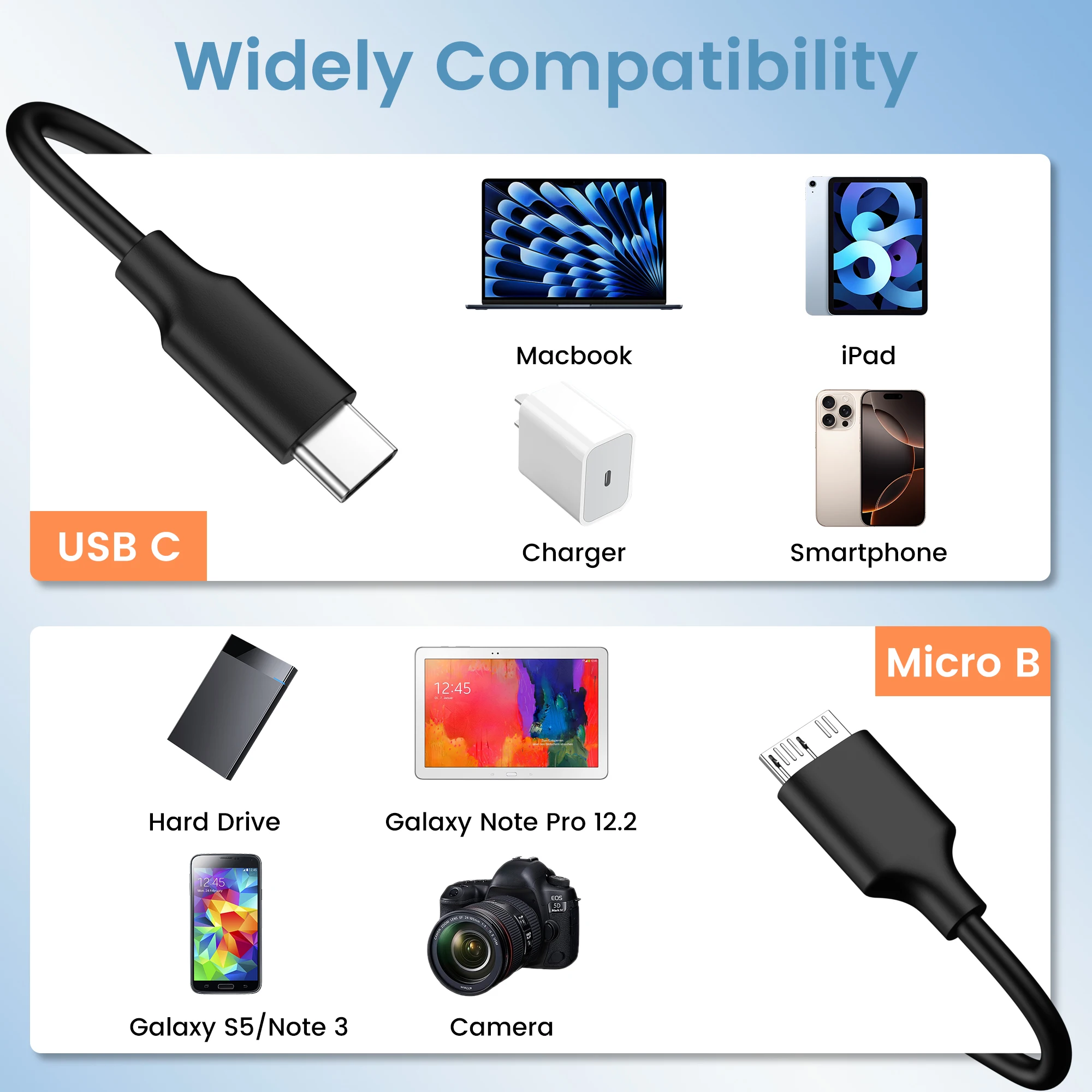 50cm Type C to Micro B 3.0 Cable Fast Data Sync Cord For Hard Drive Disk HDD Camera Macbook Smartphone USB 3.0 to Micro B Cable
