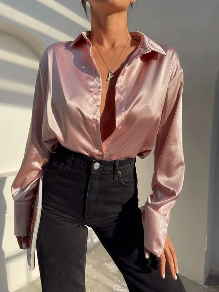 Langarm Bluse Tops Frauen Shirt Grüne Taste Up Revers Lose Satin Camisas Elegante Frühling Sommer Büro Damen Shirts Top