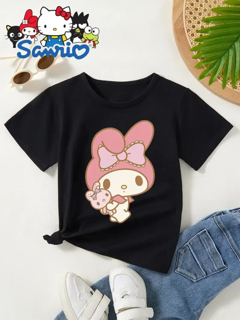 

Sanrio My Melody Holding Plush Toy Cotton Tee Trendy Printed Band Pure Cotton T-shirt Short Sleeve Unisex Round Neck Versatile