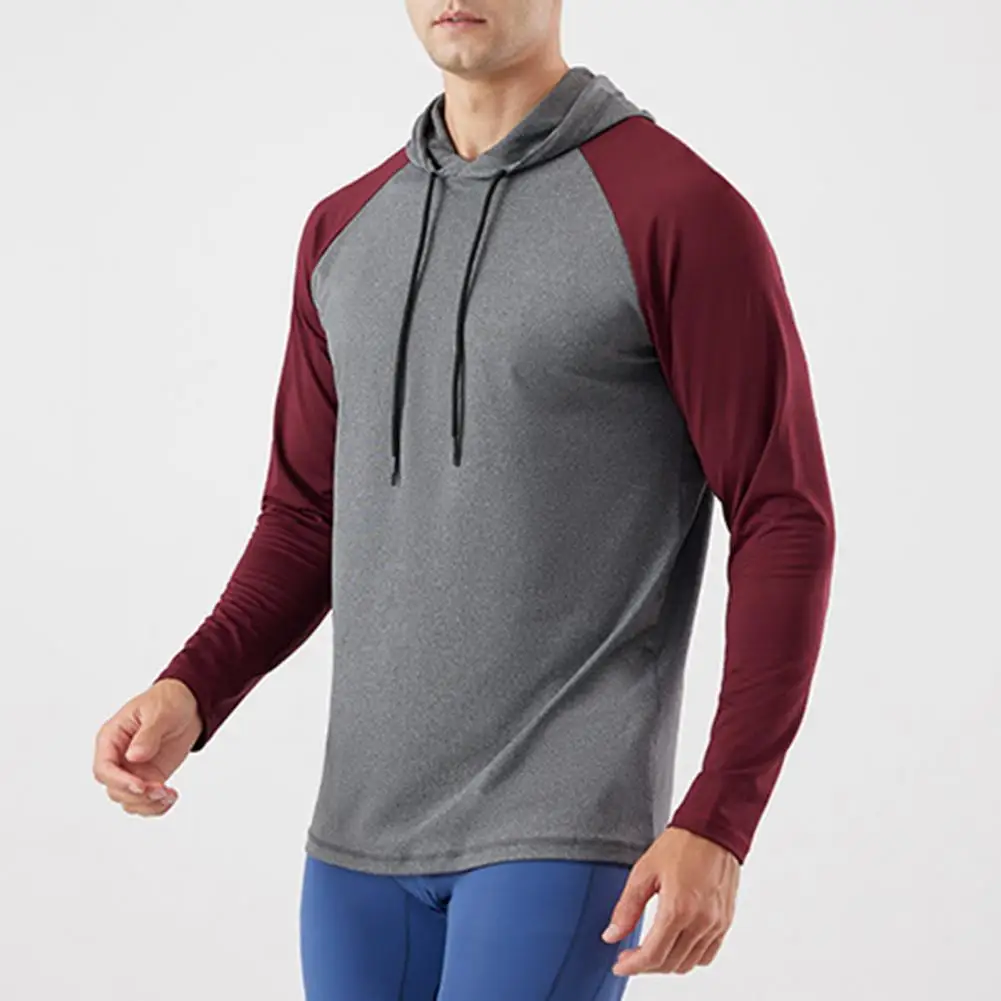 1Pc Breathable Men Spring Hoodie Color Matching Soft Men Sports Top Quick Dry Sweat Absorption Casual Jogging Sports Gym Top