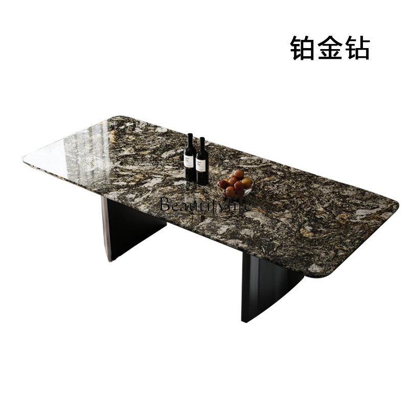 

Natural platinum diamond luxury stone dining table Italian light luxury minimalist high-end rectangular natural marble thickened