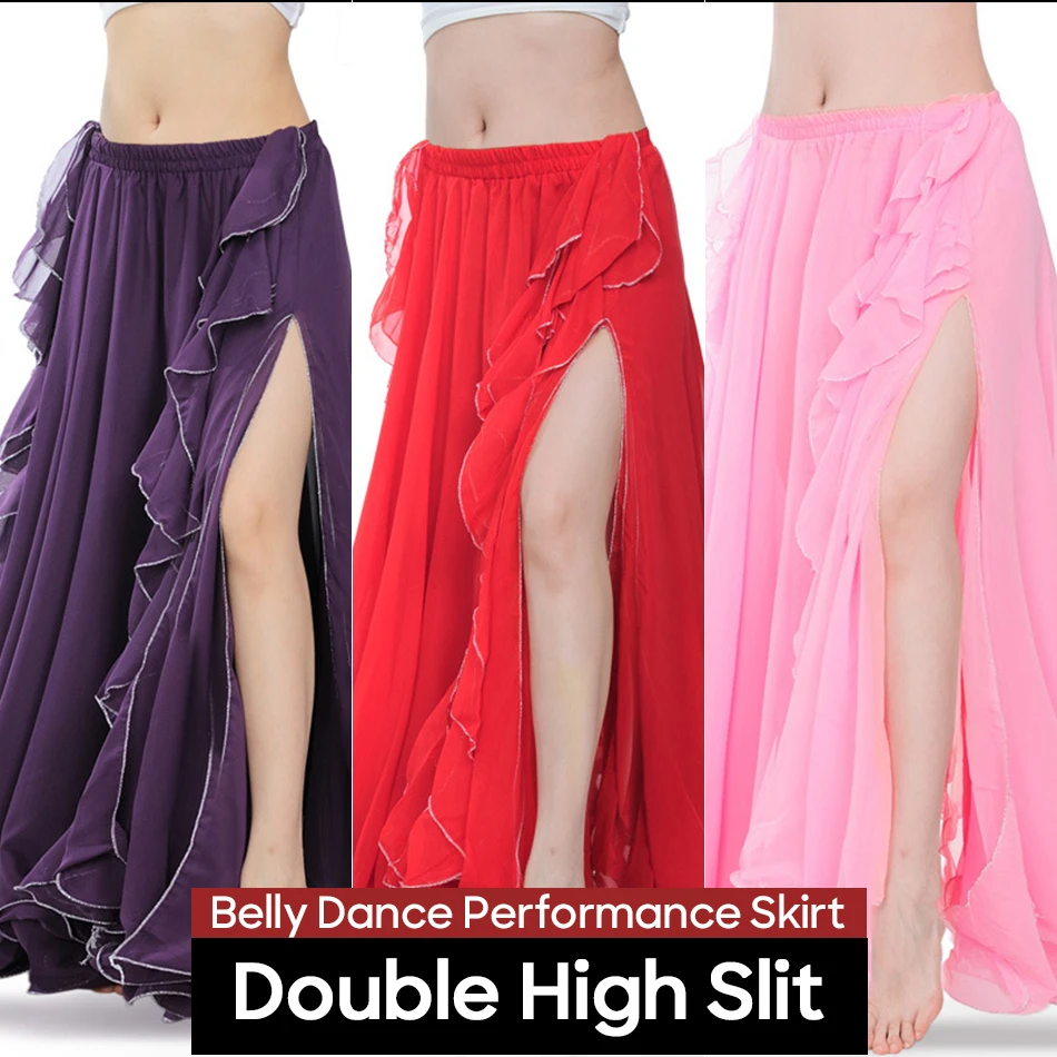 

Belly Dance Skirts Double High Slit Chiffon Skirts For Adult Women Long Skirt Performance Practice Clothings Outfit Suit Costume