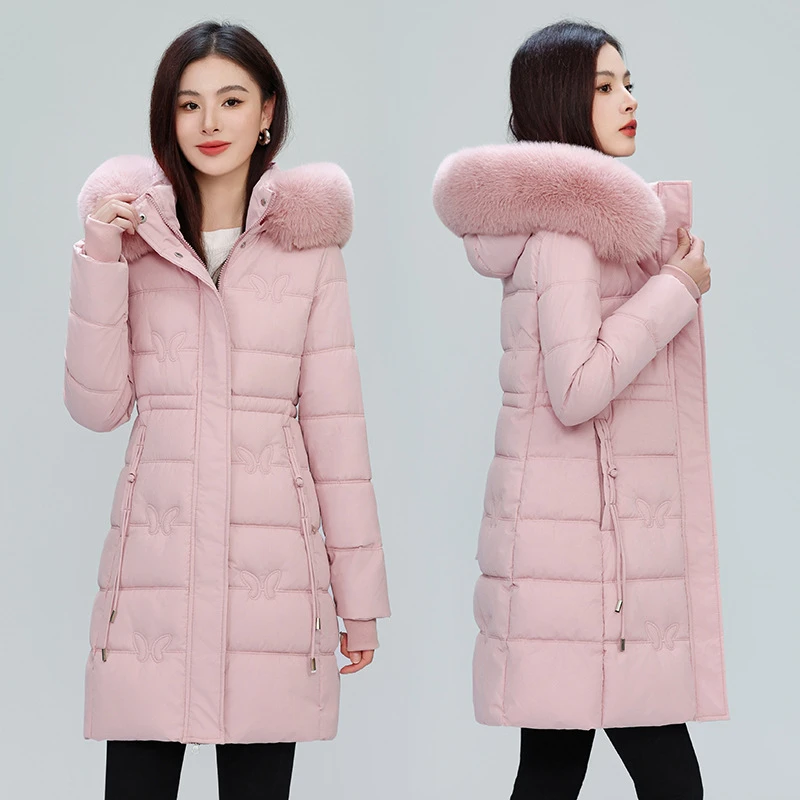

Mid Long Butterfly Printing Slim Cotton Padded Jackets Women Parka Coat Fur Collar Hooded Down Jacket Winter Outwear Trend New