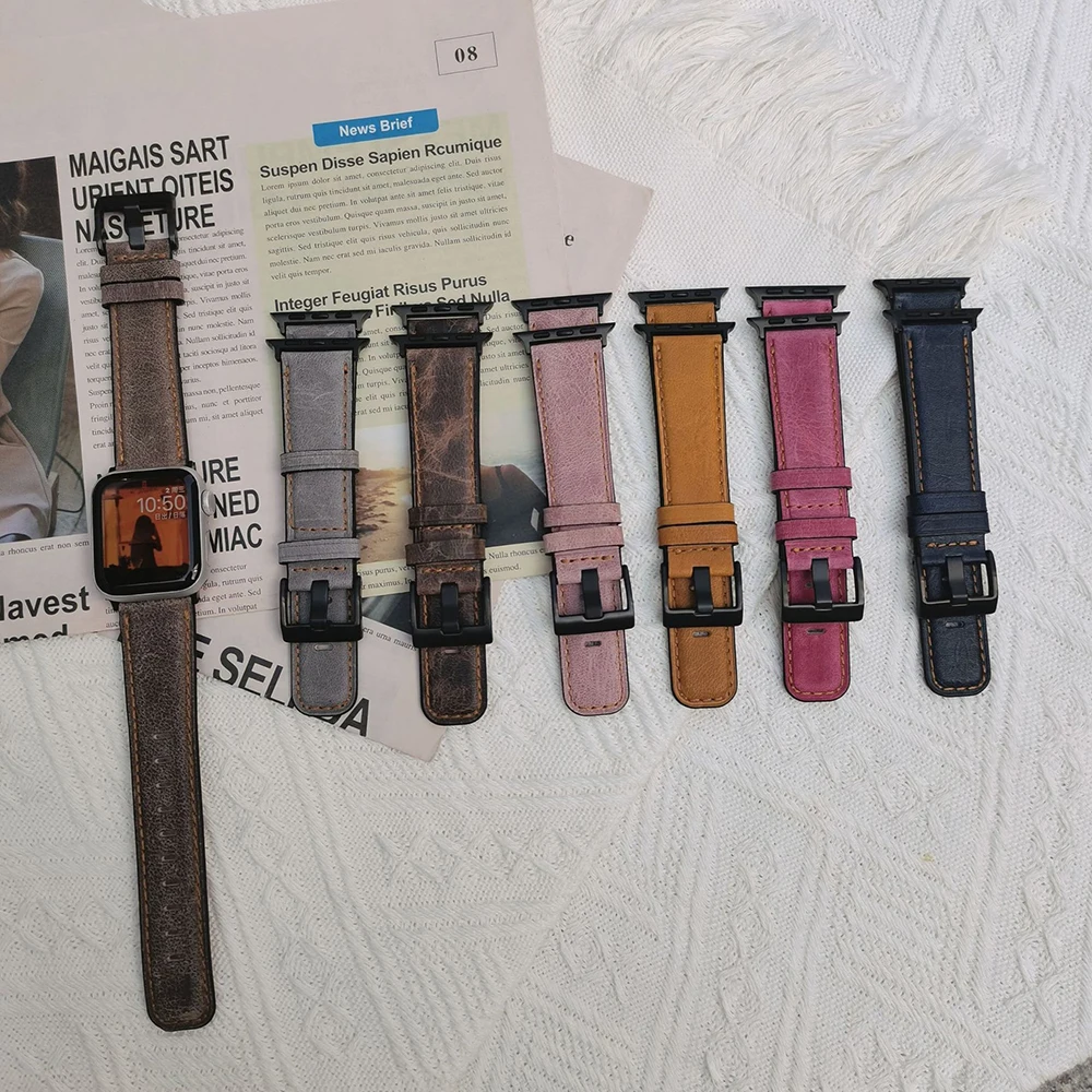 Retro Leather strap For Apple watch band 44mm 41mm 45mm 40mm 42mm 38 bracelet correa iWatch series 9 8 7 3 4 5 se 6 ultra 2 49mm