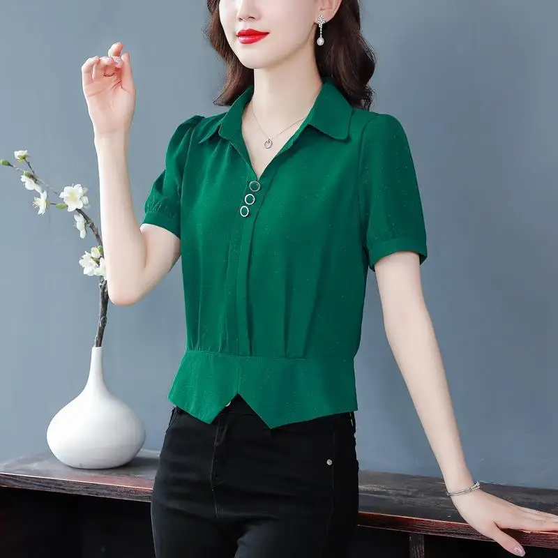 Fashion Commute Solid Color Button Shirt Female Clothing Casual Polo-Neck Folds 2024 Summer Waist Short Sleeve All-match Blouse