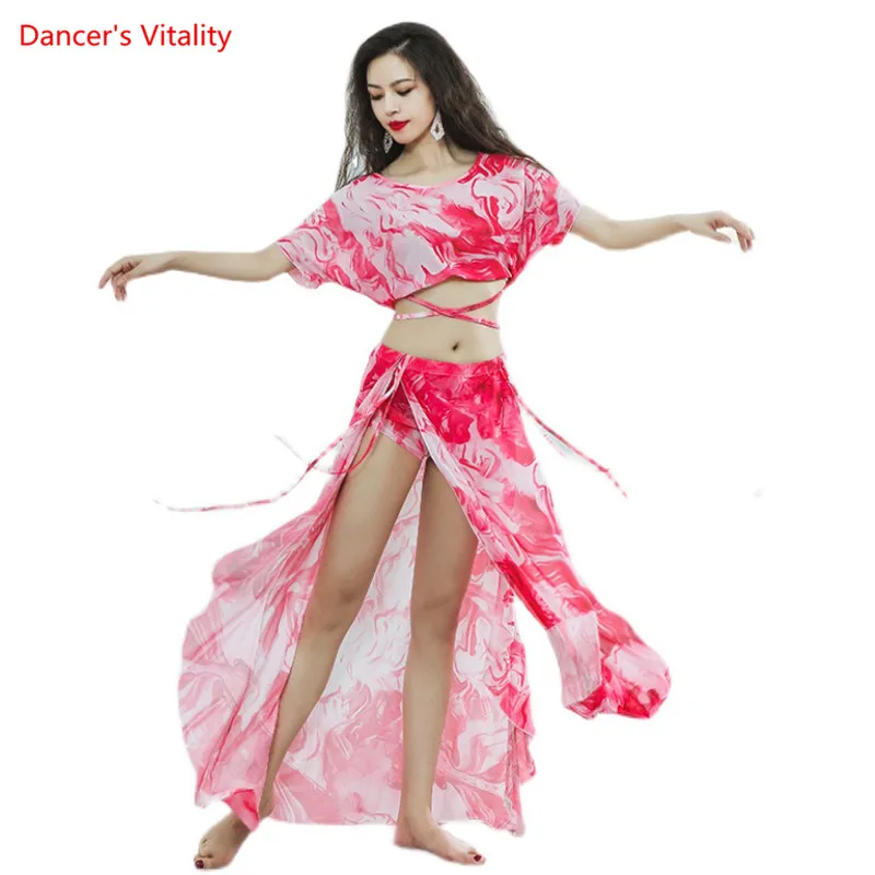 Belly Dance Suit Printing Mesh Top Short Sleeves Split Skirt Practice Clothes Set Female Elegant Performance Clothing Summer