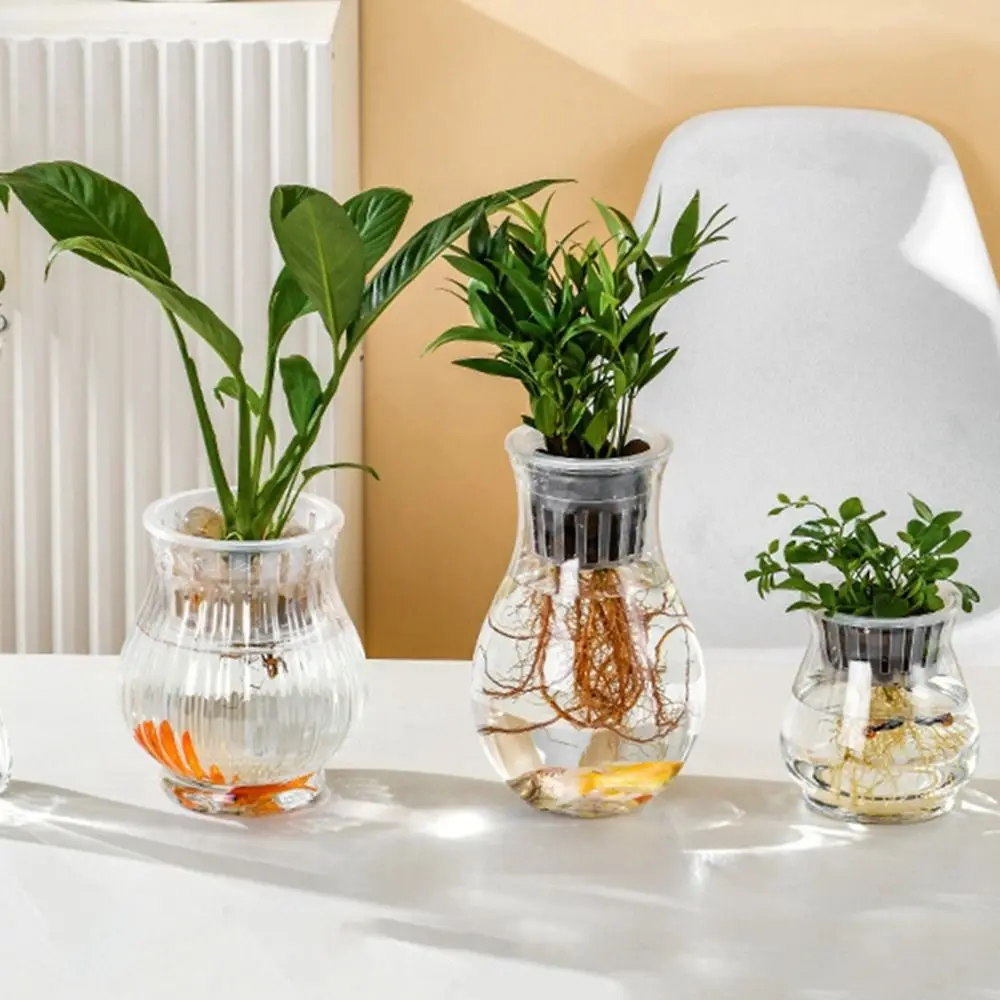 Mini Fish Tank Self Watering Hydroponic Flower Pot Plastic Transparent Aquatic Plant Container Simple Floor-standing Home Decor
