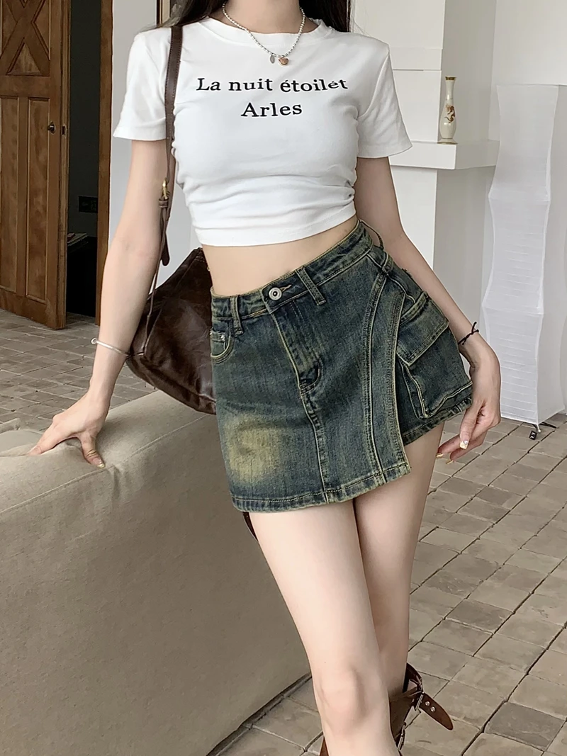 Retro American Hot Girl Denim Shorts Women's Summer 2024 New Thin A-Line Mini Skirt Blue High Waist Straight Leg Jeans