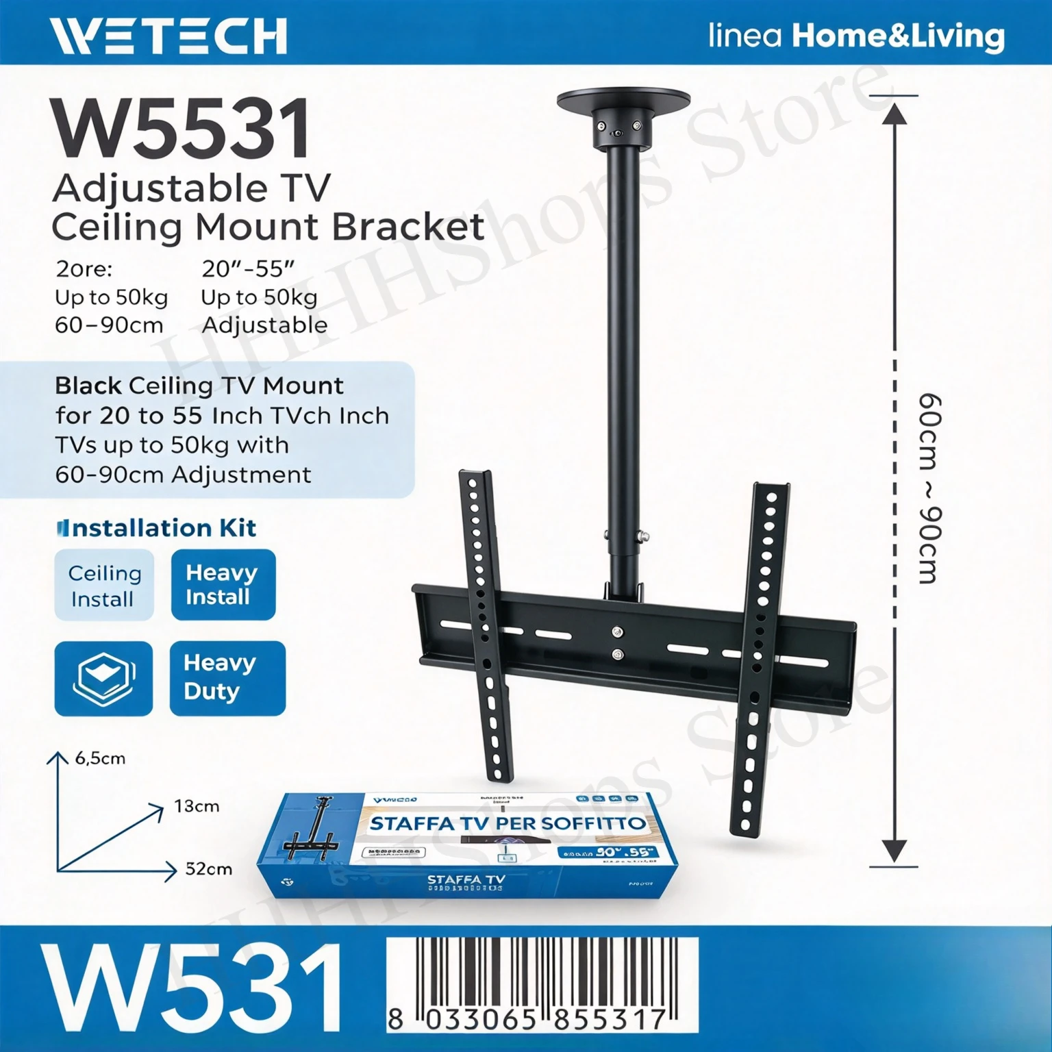 Soporte de techo para televisión con altura ajustable, de 60 a 90 cm, para televisores de 20 a 55 pulgadas, con capacidad máxima de 50 kg, compatible con el estándar VESA, soporte resistente para televisión.