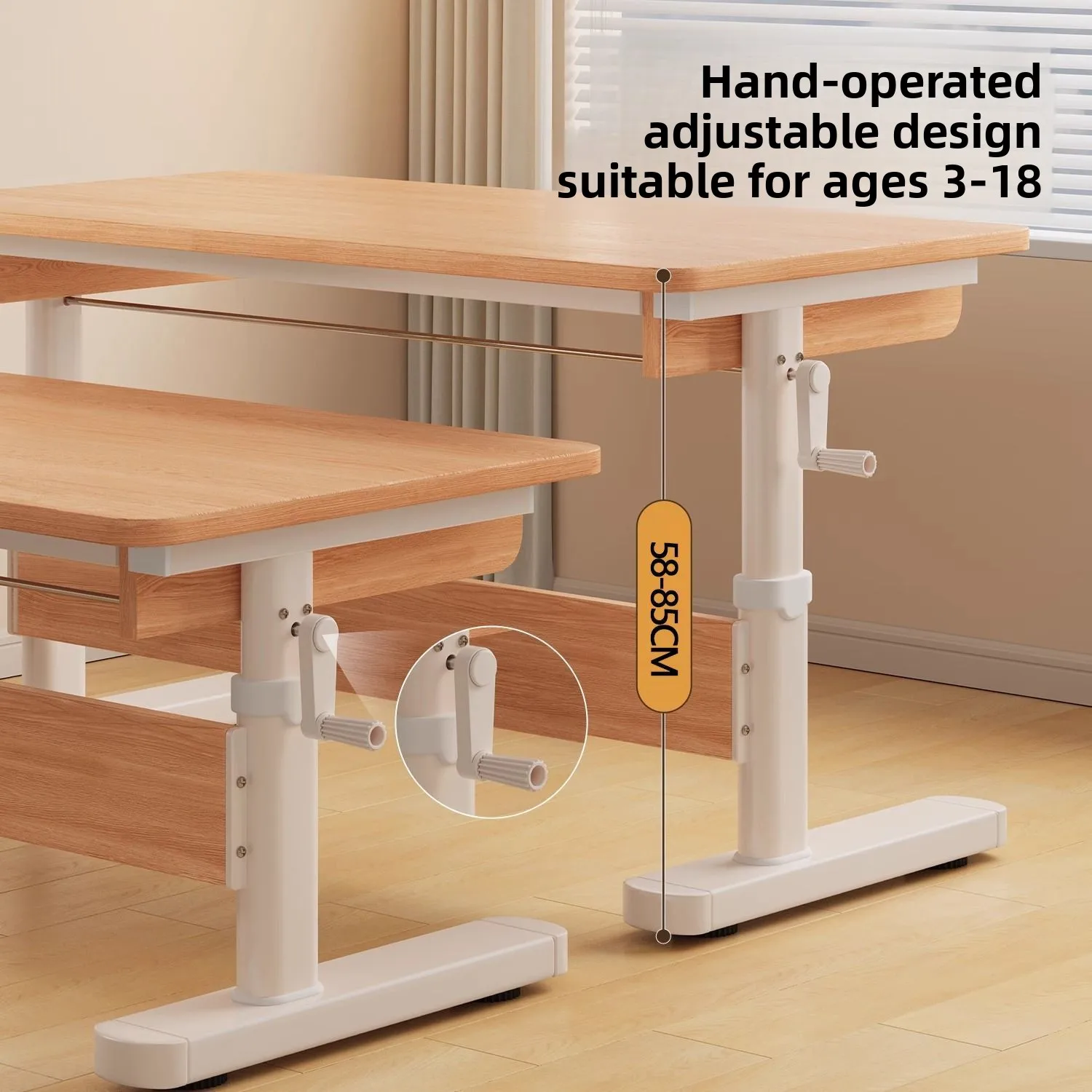 Kids Study Desk withSolid Wood Hand Crank Adjustable Height Computer DeskErgonomic Childrens Homework Desk & Learning Table