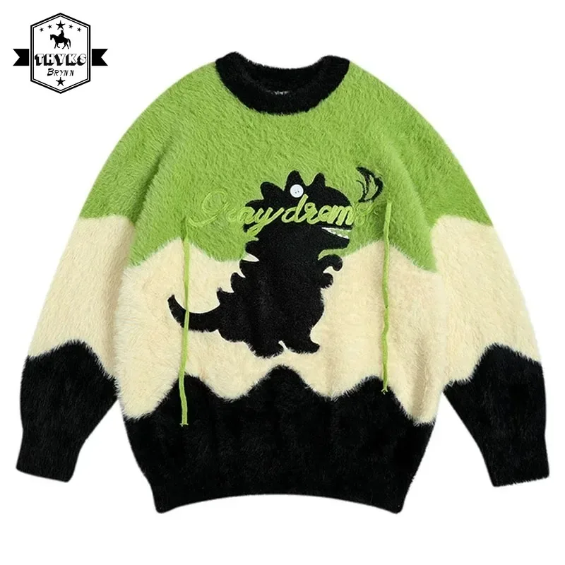 Winter Cute Cartoon Sweaters Men Women Dinosaur Embroidery Knitted Pullover Japanese Kawaii Jumpers Oversize Vintage Sweater Top