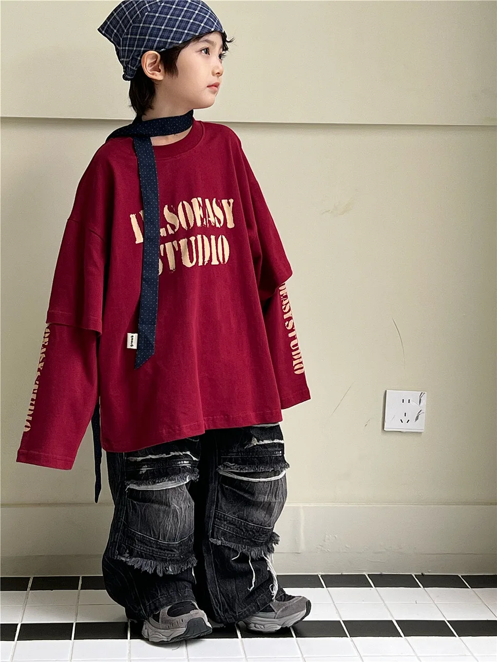

2025 Autumn Children's Vacation Two piece Top High Weight Heavy Drawn Soft Boys' Cotton Long Sleeve Trendy