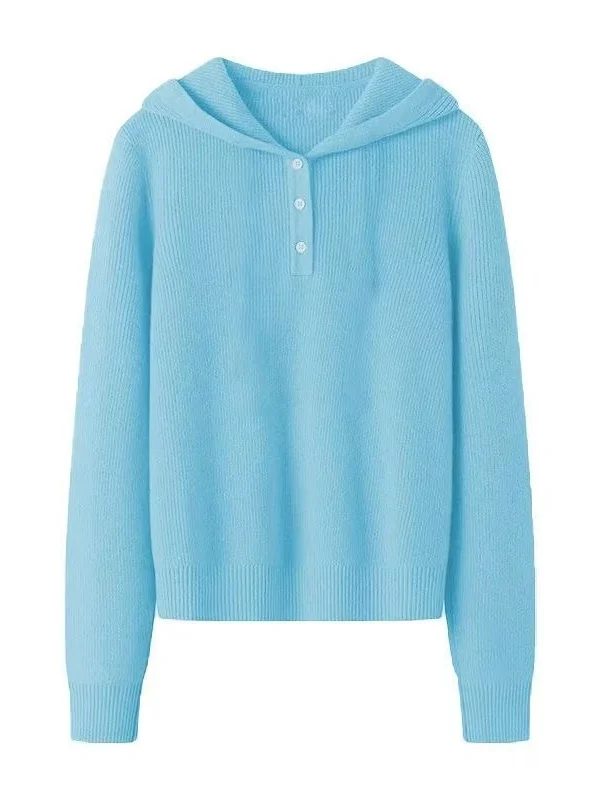 Blue Hooded Knitted Sweater Women's Base Layer Top Lazy Sle Autumn Winter New Arrival Korean Version High End Feeling
