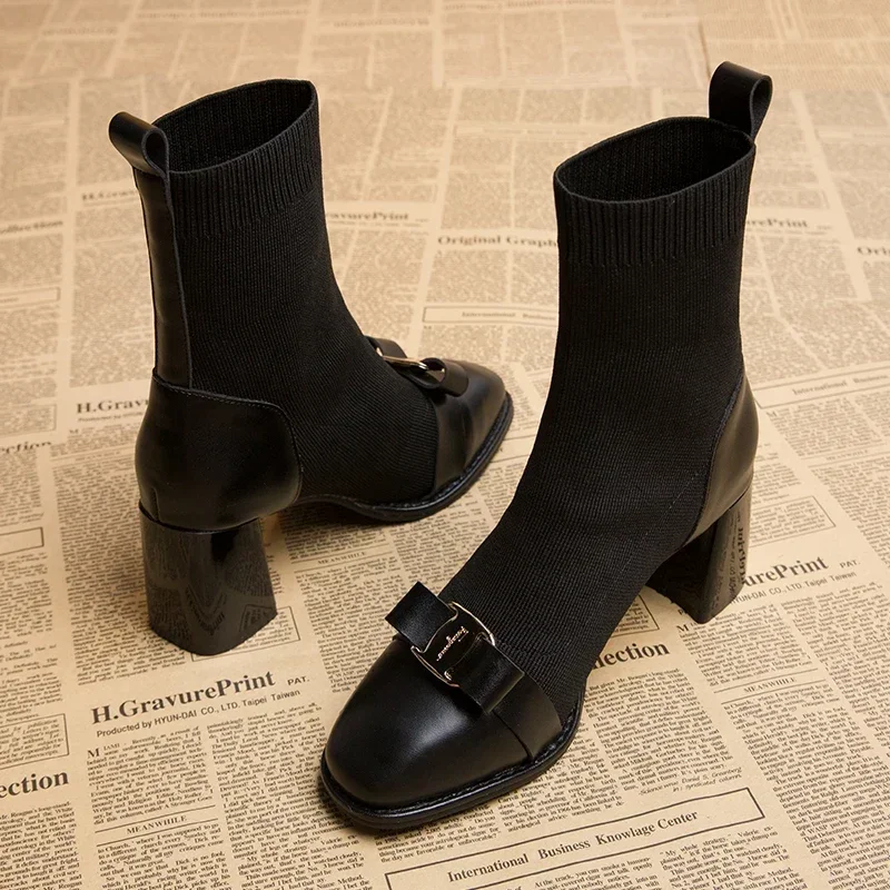 Botas elásticas con punta estrecha y tacones finos para mujer, botas de medio barril, tela elástica hasta el tobillo negra, botas de tacón alto de invierno, Roma