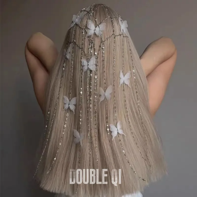 

White yarn butterfly rhinestone pendant, fringed headband, fairy bride princess temperament hair accessories