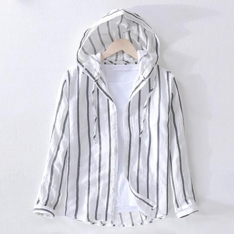 

Мужская хлопково-льняная одежда с капюшоном, повседневная полосатая одежда, осень 2023, воротник Nine Sve, длина, очень широкая посадка Thiened Fce