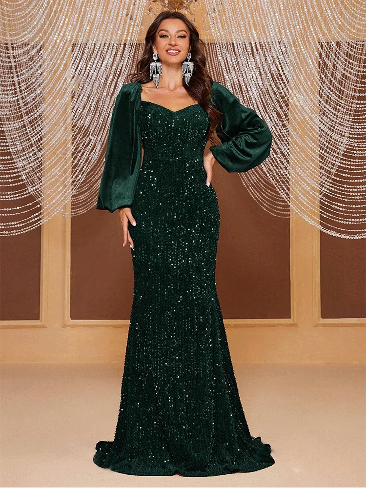 Square Neck Velvet Long Sleeve Shiny Evening Dress Wrap Chest Luxury Banquet Ball Evening Dress