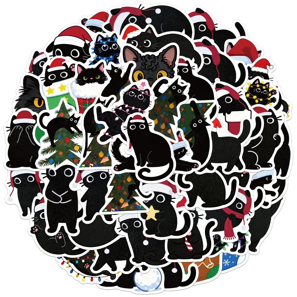 50PCS Creative Christmas Black Cat Sticker Tags Diary Stationery Computer Refrigerator Water Cup Phone Case Aesthetic Stickers