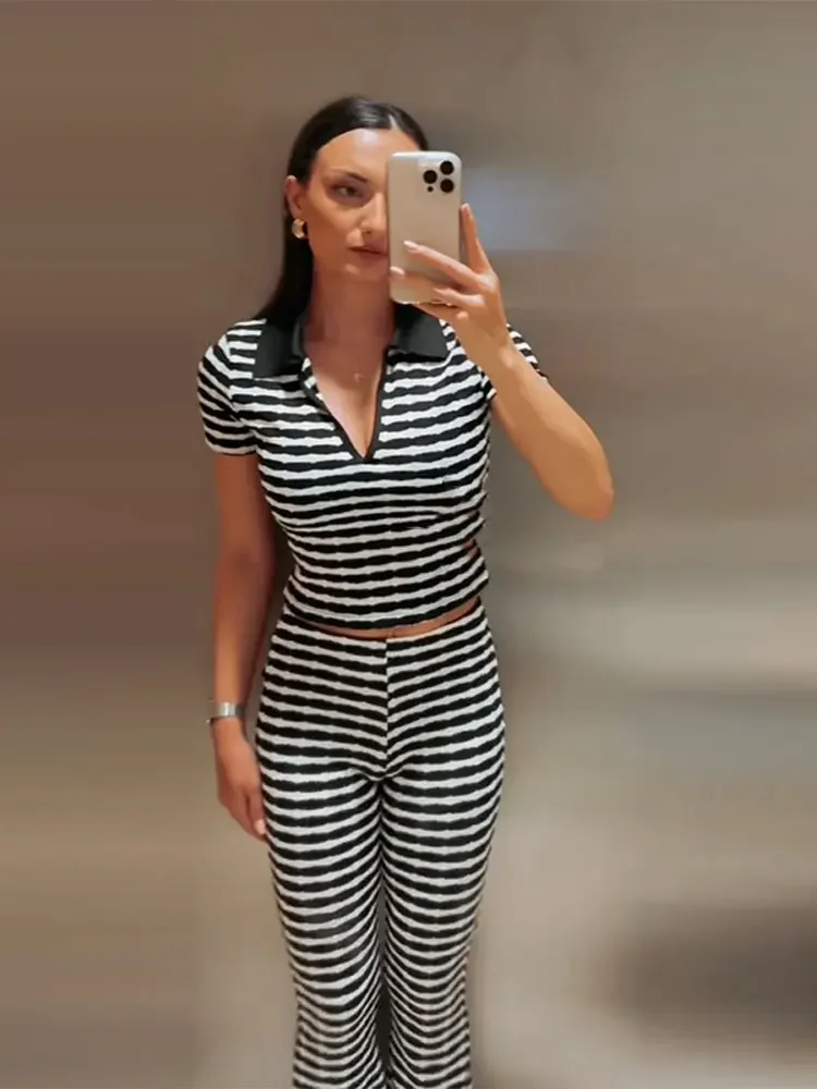 

CPSYMYM Stripe Slim Crop Top Pant Suit Women Fashion Turndown Collar Short Sleeve Tops Bell Bottoms Two Piece Set Woman Summer
