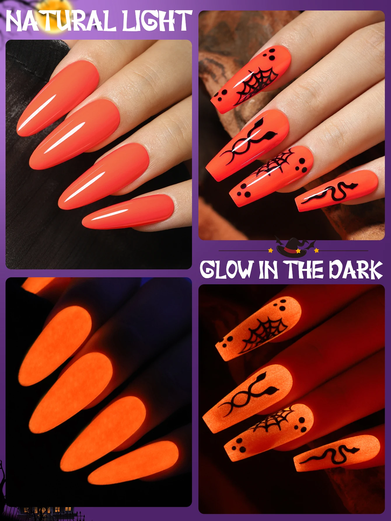 YOKEFELLOW Esmalte de uñas en gel que brilla en la oscuridad, 10 ml, esmalte de uñas en gel luminoso fluorescente naranja y neón, arte de uñas para Halloween, mujeres y niñas