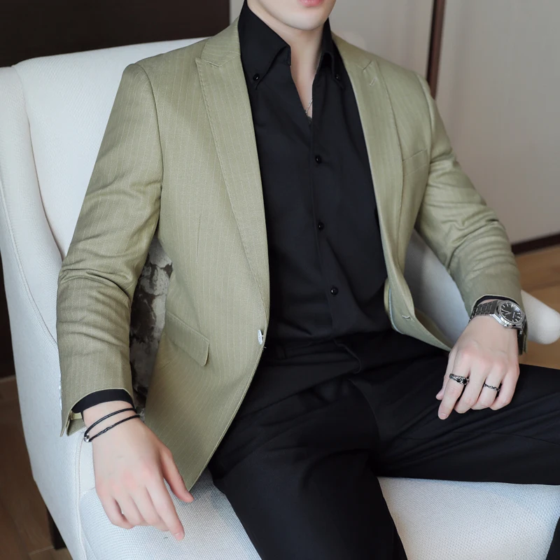 

Spring Autumn Suit Jacket for Men Slim Casual Business Dress Coat Fashion Striped Wedding Groom Banquet and Party Host Blazers